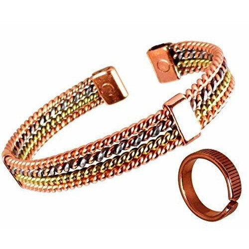 Four strand Magnetic Copper, Aluminium and Brass Bracelet and etched on lined effect magnetic copper ring set-0
