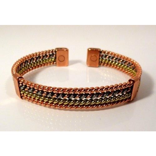 Four strand Magnetic Copper, Aluminium and Brass Bracelet and etched on lined effect magnetic copper ring set-1