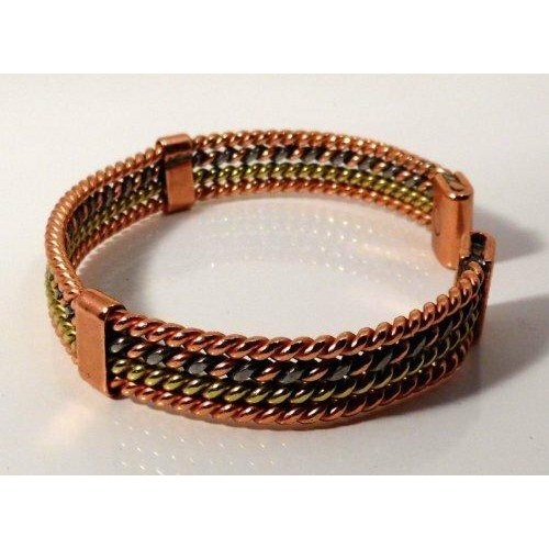 Four strand Magnetic Copper, Aluminium and Brass Bracelet and etched on lined effect magnetic copper ring set-3