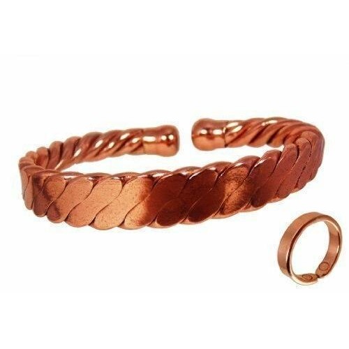 Magnetic Men's Heavy Flattened Copper Bracelet and Plain Magnetic Ring Set-0