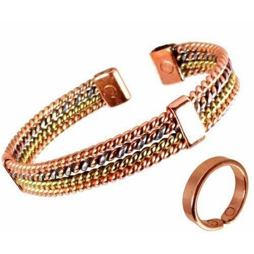Four strand Magnetic Copper, Aluminium and Brass Bracelet and smooth finish magnetic copper ring set-0