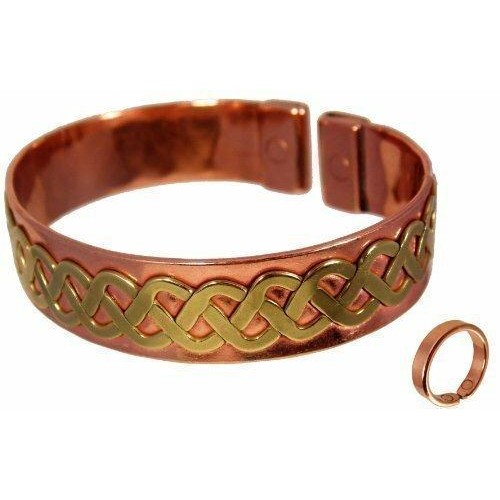 Unisex Magnetic Brass Celtic Lace Design on Copper Band Bracelet with Magnetic Copper Plain ring-0