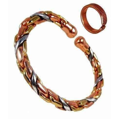 Magnetic Copper & Brass Torque Bracelet for Men and Women and Etched-on Lines Magnetic Copper Ring  Set-3