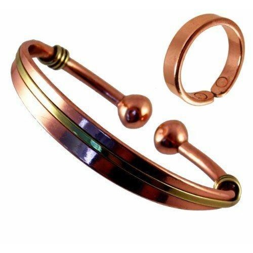 Unisex Magnetic Copper & Brass Torque Bracelet and smooth finish magnetic copper ring set-0
