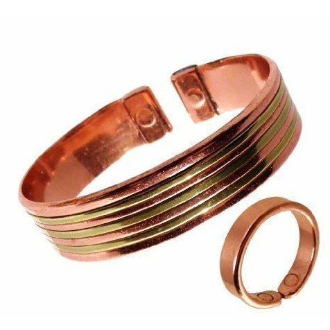 Ladies or Gents Magnetic Copper and Brass Lines Bracelet and Smooth effect magnetic copper ring set-0