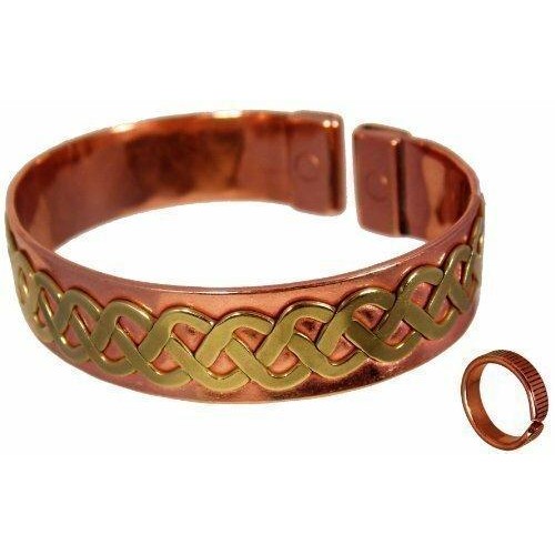Unisex Magnetic Brass Celtic Lace Design on Copper Band Bracelet with Etched-on Lines Magnetic Copper Ring Gift Set-8