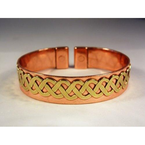 Unisex Magnetic Brass Celtic Lace Design on Copper Band Bracelet with Etched-on Lines Magnetic Copper Ring Gift Set-3