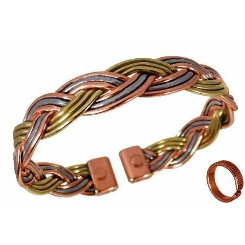 Magnetic Three Colour Plait Bracelet in Copper, Brass and Aluminium with Etched-on lines Magnetic Copper Bracelet Set-1