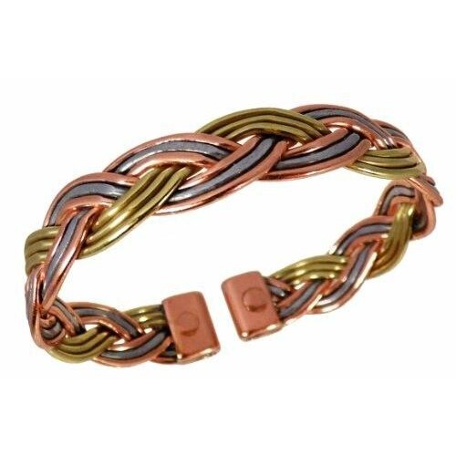 Magnetic Three Colour Plait Bracelet in Copper, Brass and Aluminium with Etched-on lines Magnetic Copper Bracelet Set-6