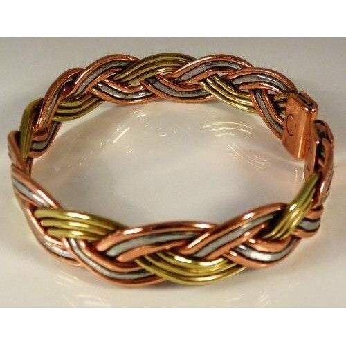 Magnetic Three Colour Plait Bracelet in Copper, Brass and Aluminium with Etched-on lines Magnetic Copper Bracelet Set-4