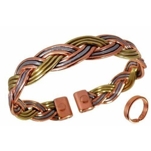 Magnetic Three Colour Plait Copper, Brass and Aluminium Bracelet and smooth finish magnetic copper ring set-0