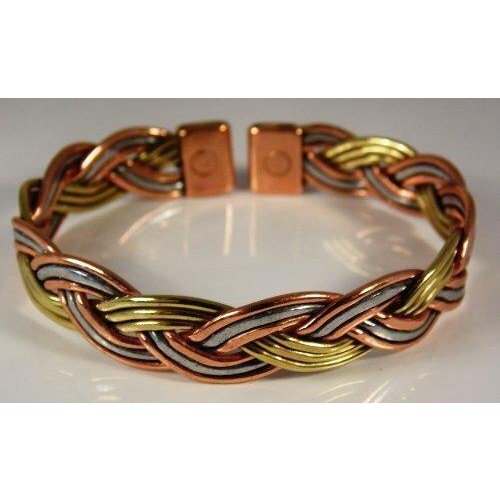 Magnetic Three Colour Plait Copper, Brass and Aluminium Bracelet and smooth finish magnetic copper ring set-2