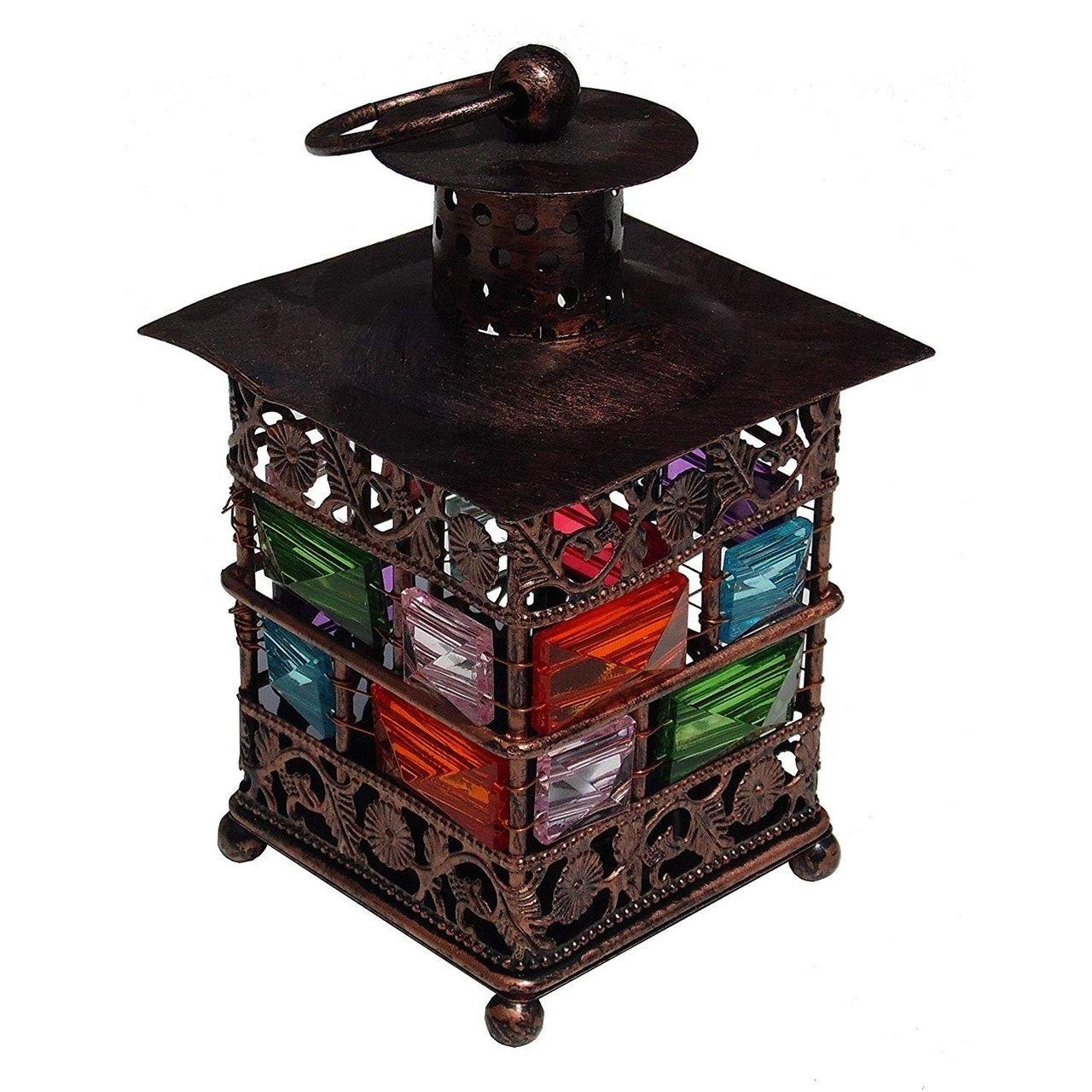 The online bazaar 16 multi-coloured jewelled, tea light bronze coloured metal, lantern for indoor or outdoor use.-0