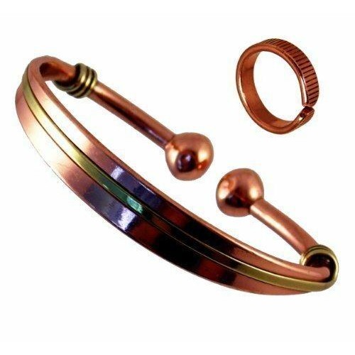 Magnetic Copper & Brass Torque Bracelet for Men and Women and Etched-on Lines Magnetic Copper Ring Combi Gift Set (Medium  Ring Size: 19 - 21mm)-0