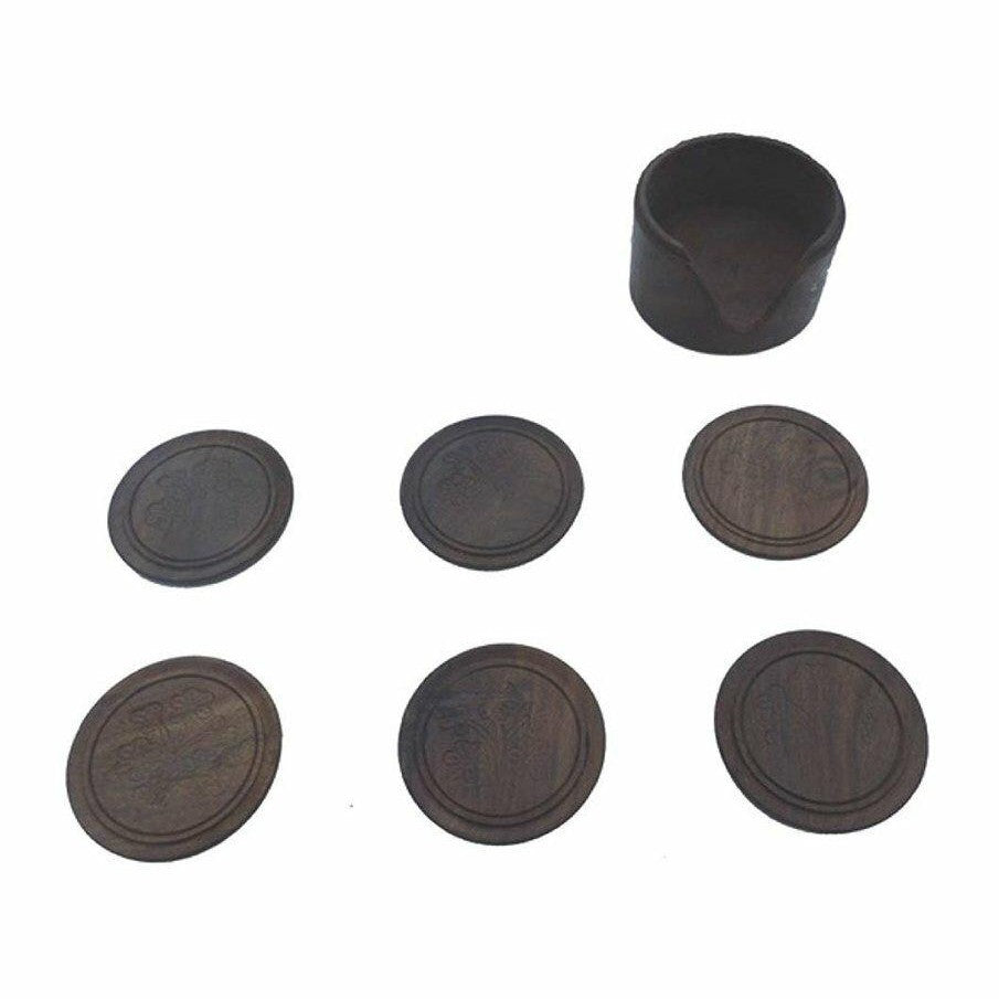 Set of 6 Wooden Round Flower Print Design Table or Desk Coasters in a Wooden Holder With a Brass Flower Design-2