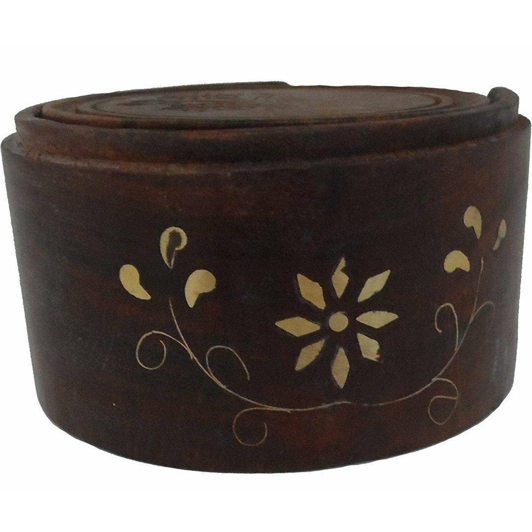 Set of 6 Wooden Round Flower Print Design Table or Desk Coasters in a Wooden Holder With a Brass Flower Design-1