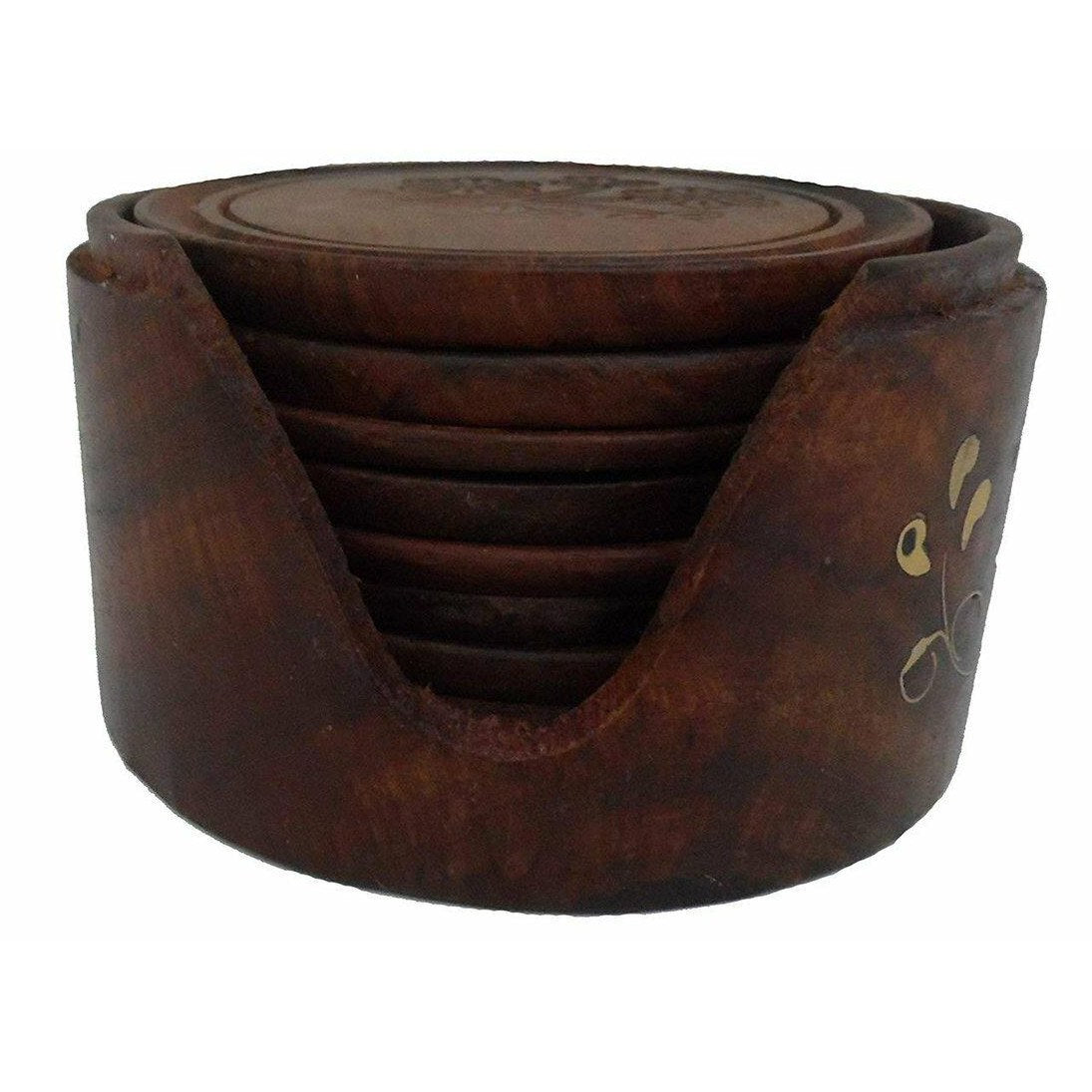 Set of 6 Wooden Round Flower Print Design Table or Desk Coasters in a Wooden Holder With a Brass Flower Design-0