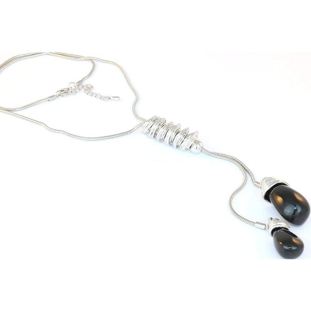 Long, art deco-style drop necklace with black resin detail on a snake chain.-0