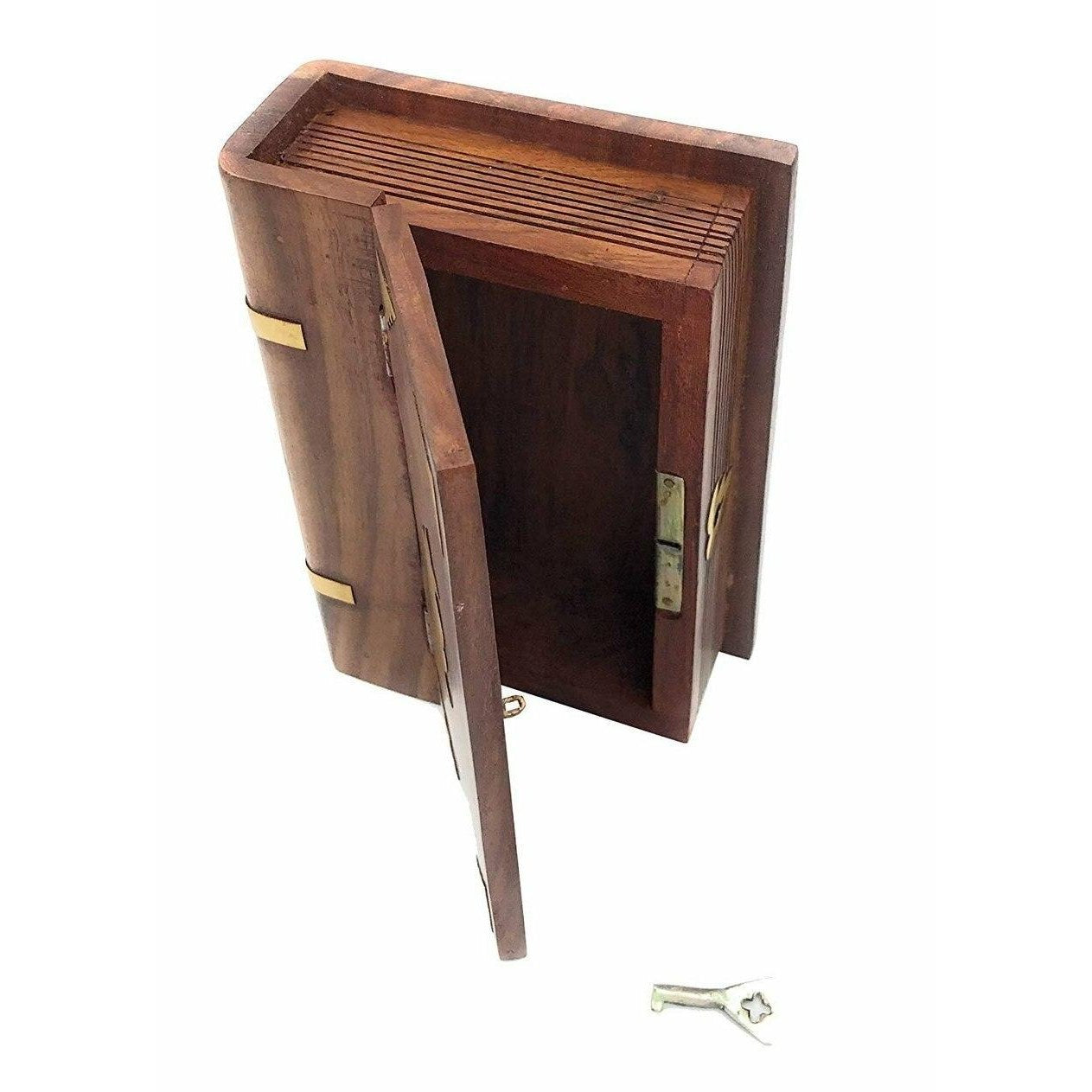 Handmade Wooden Secret Safe Key Book with Brass Inlay Inscribeable Plate.-1