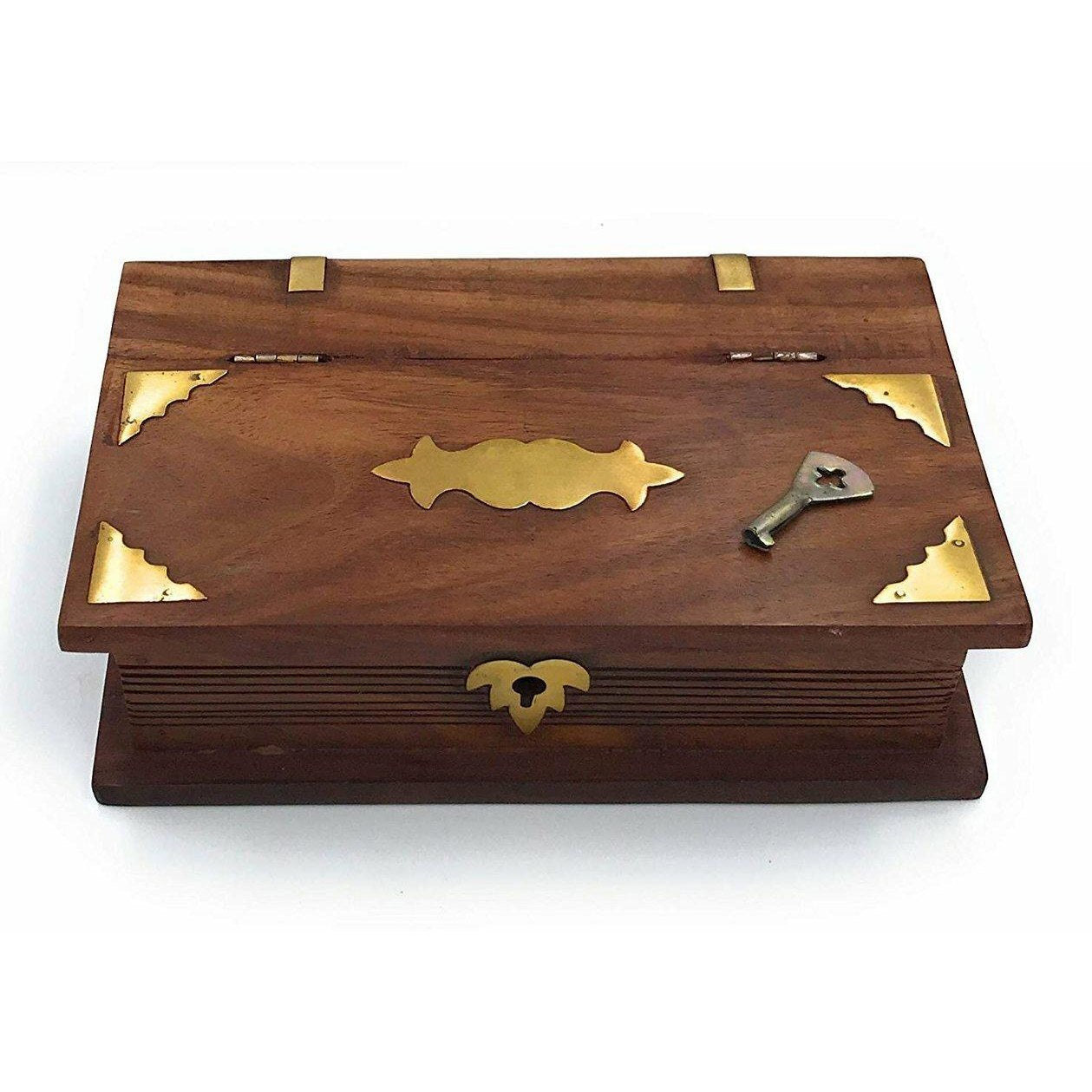Handmade Wooden Secret Safe Key Book with Brass Inlay Inscribeable Plate.-0