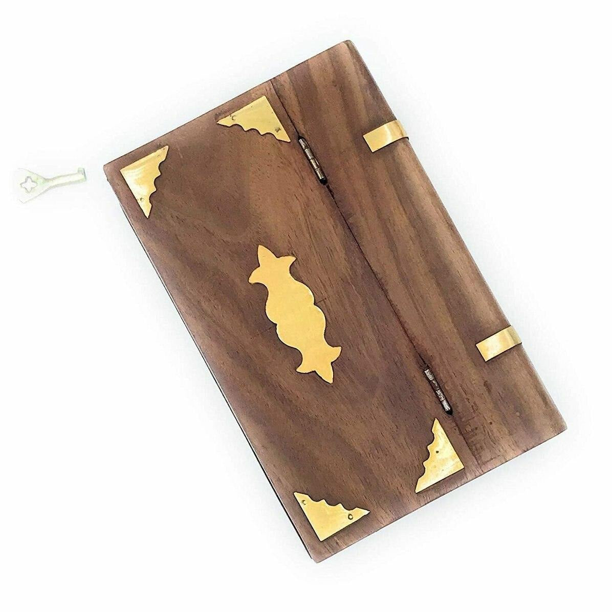 Handmade Wooden Secret Safe Key Book with Brass Inlay Inscribeable Plate.-3