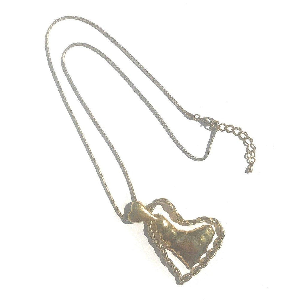 Large metal heart pendant on a long snake chain, Gilt finish.-0