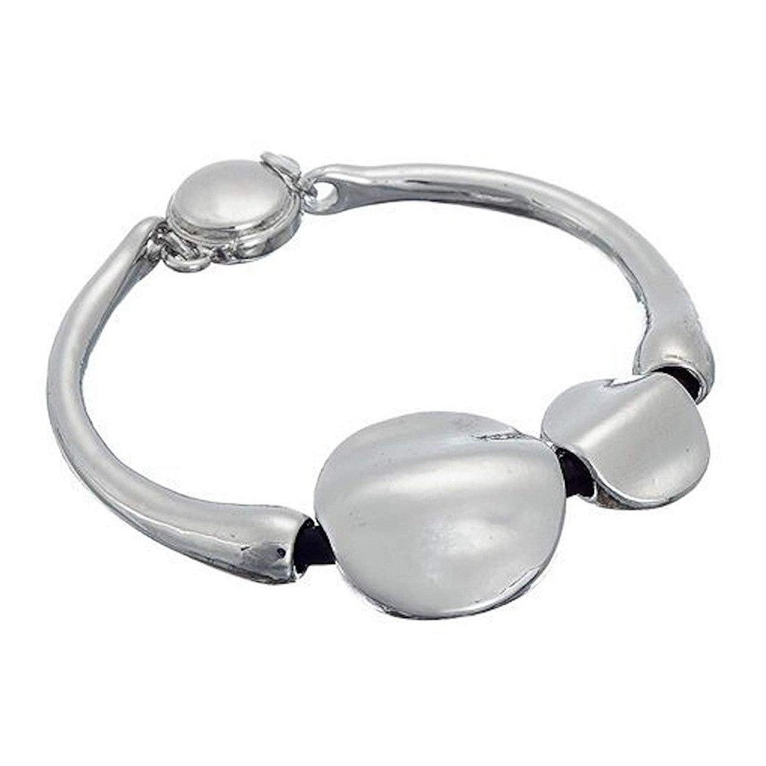 Contemporary, 2 solid nugget polished, metal and leather bracelet with magnetic fastener.-0