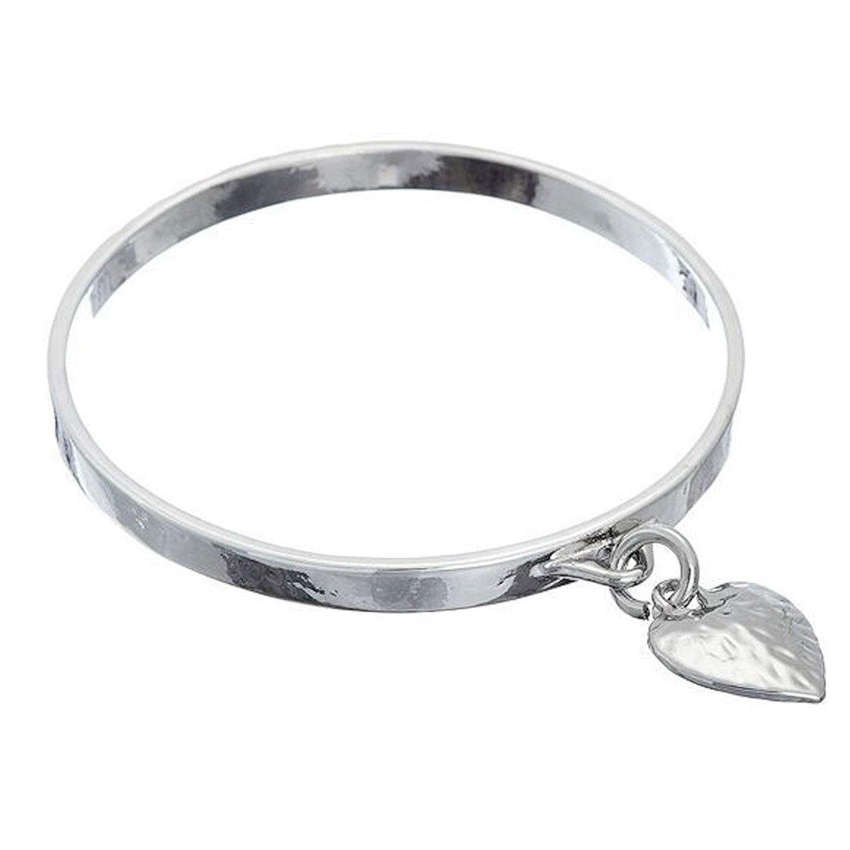 Simple highly polished, metal bangle with contemporary 1 heart charm.-0
