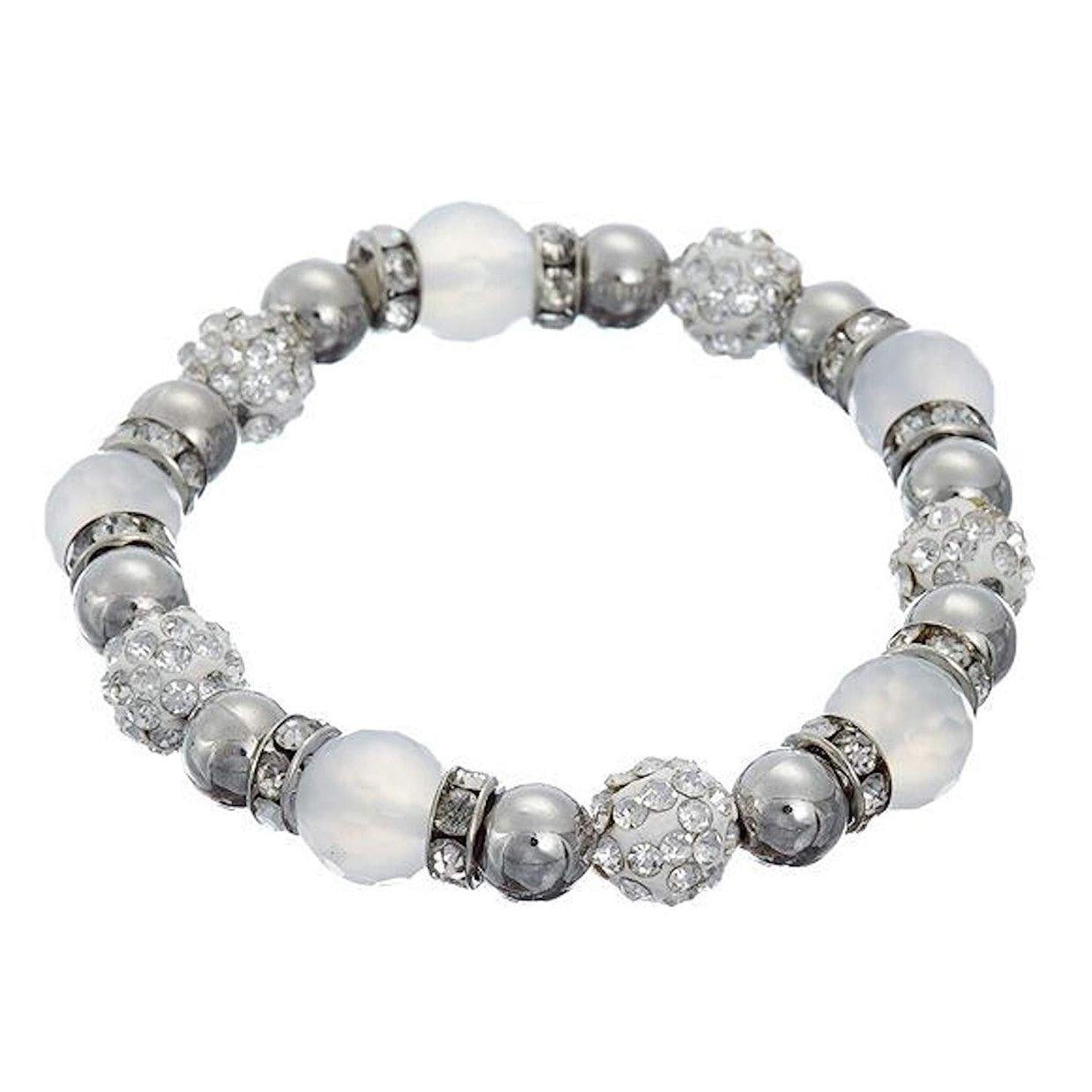Elasticated Metal, glass & shamballa style bead bracelet with CZ spacers.-0