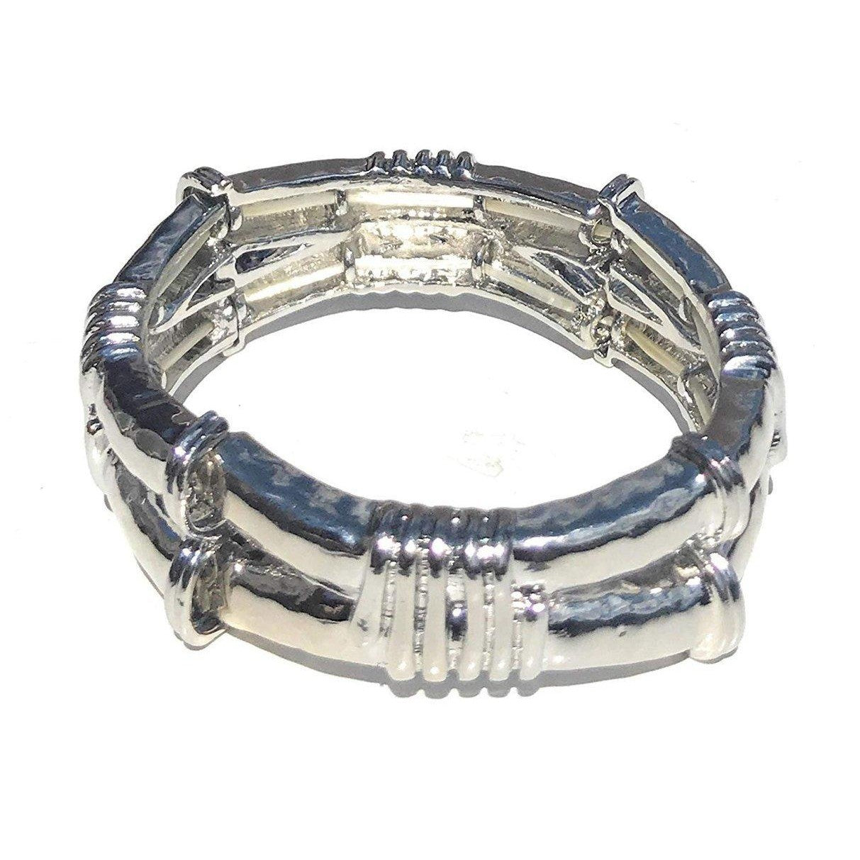 Chunky, lined and elasticated, highly polished metal bracelet.-0