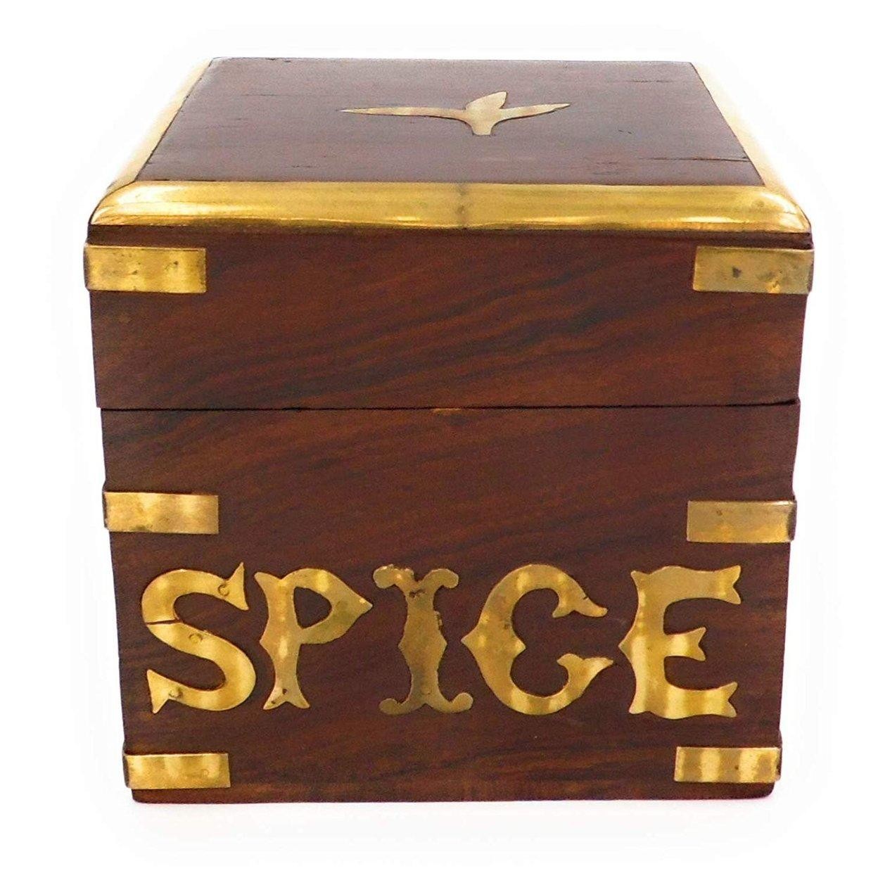 Hand Crafted Wooden Spice Storage Box With A Brass Decoration.-0
