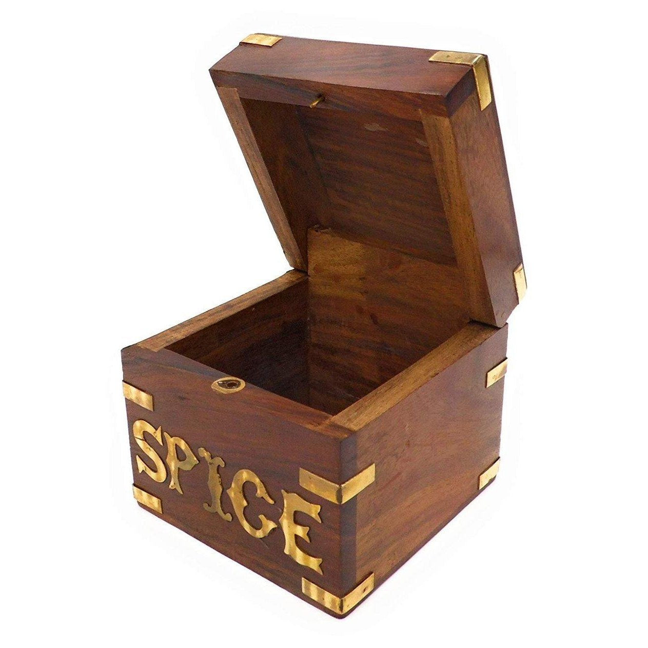 Hand Crafted Wooden Spice Storage Box With A Brass Decoration.-1