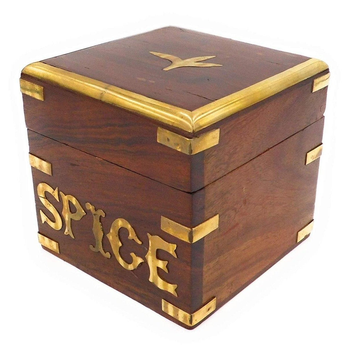 Hand Crafted Wooden Spice Storage Box With A Brass Decoration.-2