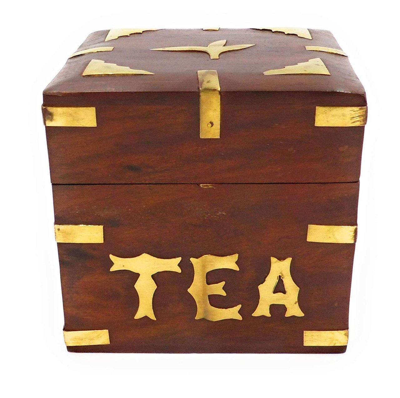Wooden Handmade Tea Storage Box with Brass Decoration on Top and Sides.-0