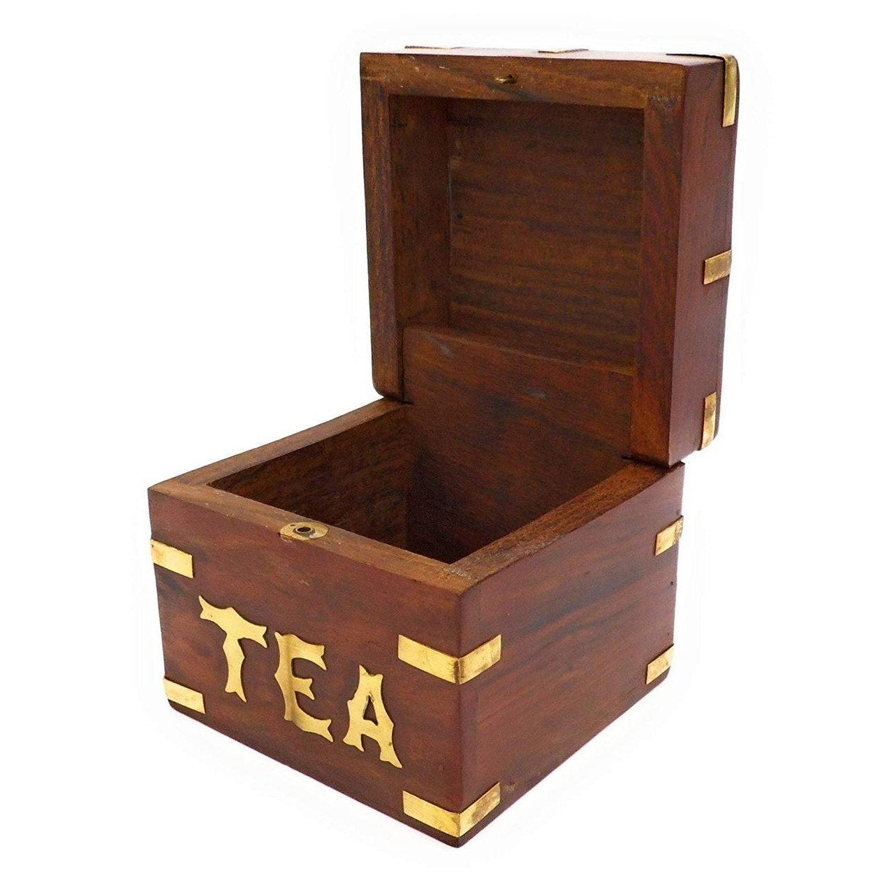 Wooden Handmade Tea Storage Box with Brass Decoration on Top and Sides.-1