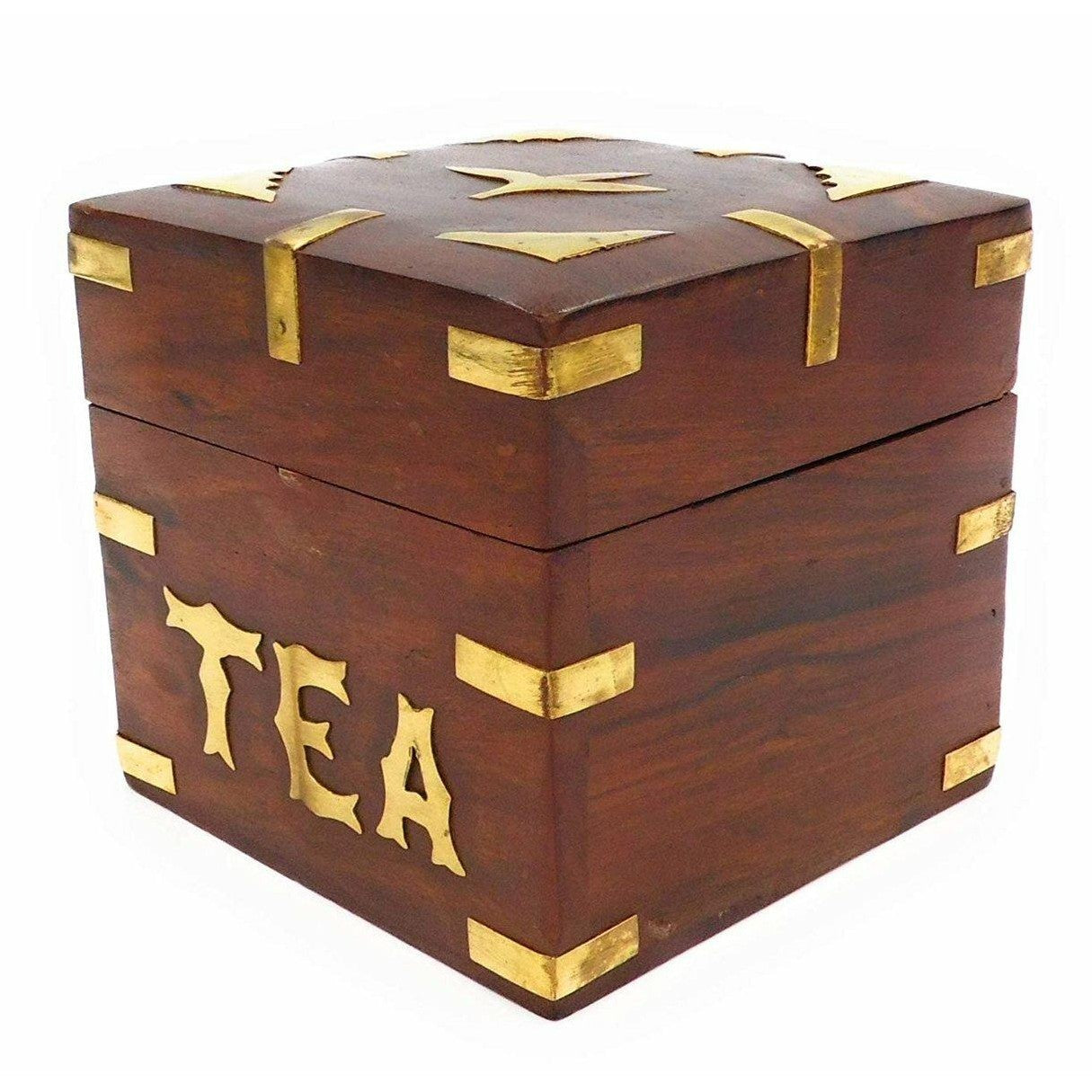 Wooden Handmade Tea Storage Box with Brass Decoration on Top and Sides.-2
