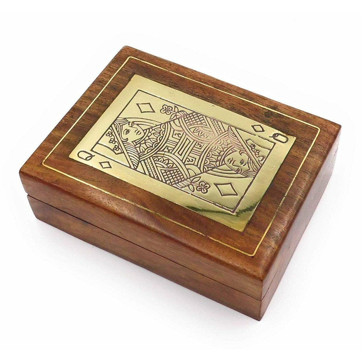 Playing Cards in a Handmade Wooden Decorative Box with Brass Queen of Diamonds.-1