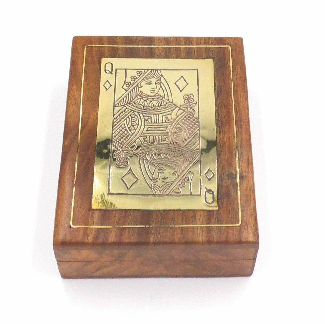 Playing Cards in a Handmade Wooden Decorative Box with Brass Queen of Diamonds.-3