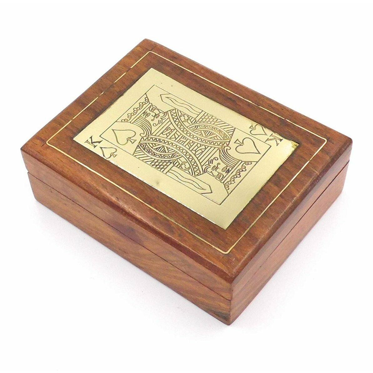 The Online Bazaar Playing Cards in a Hand made Wooden Decorative Box Made in Rose Wood with Brass King of Spades-0