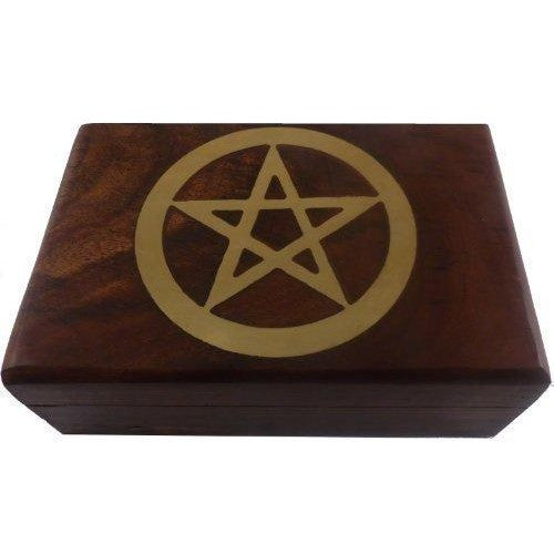 Hand Carved Brass Pentacle Engraved Wooden Box-0