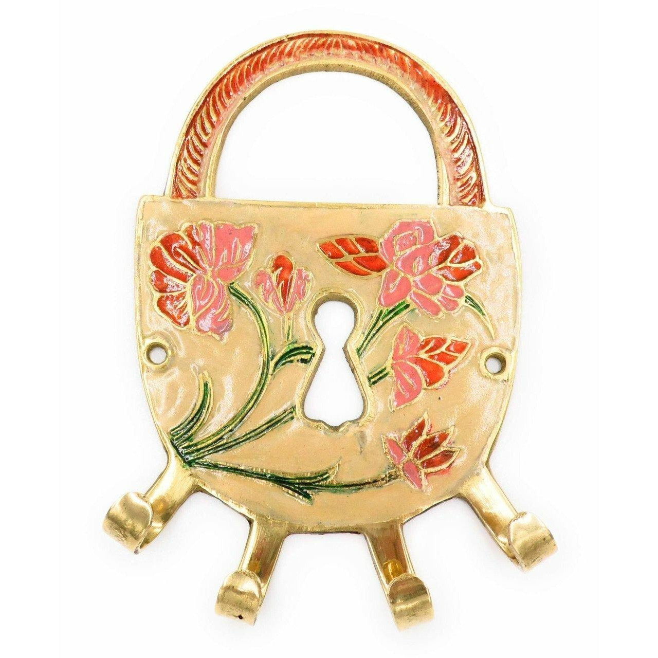 An Elegant Hand Painted Pure Brass 4 Hanging Hook Padlock Shaped.-0