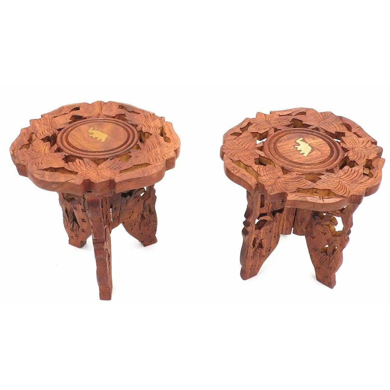 Set of Two Carved Wooden Decorative Stands with a Brass Elephant-0