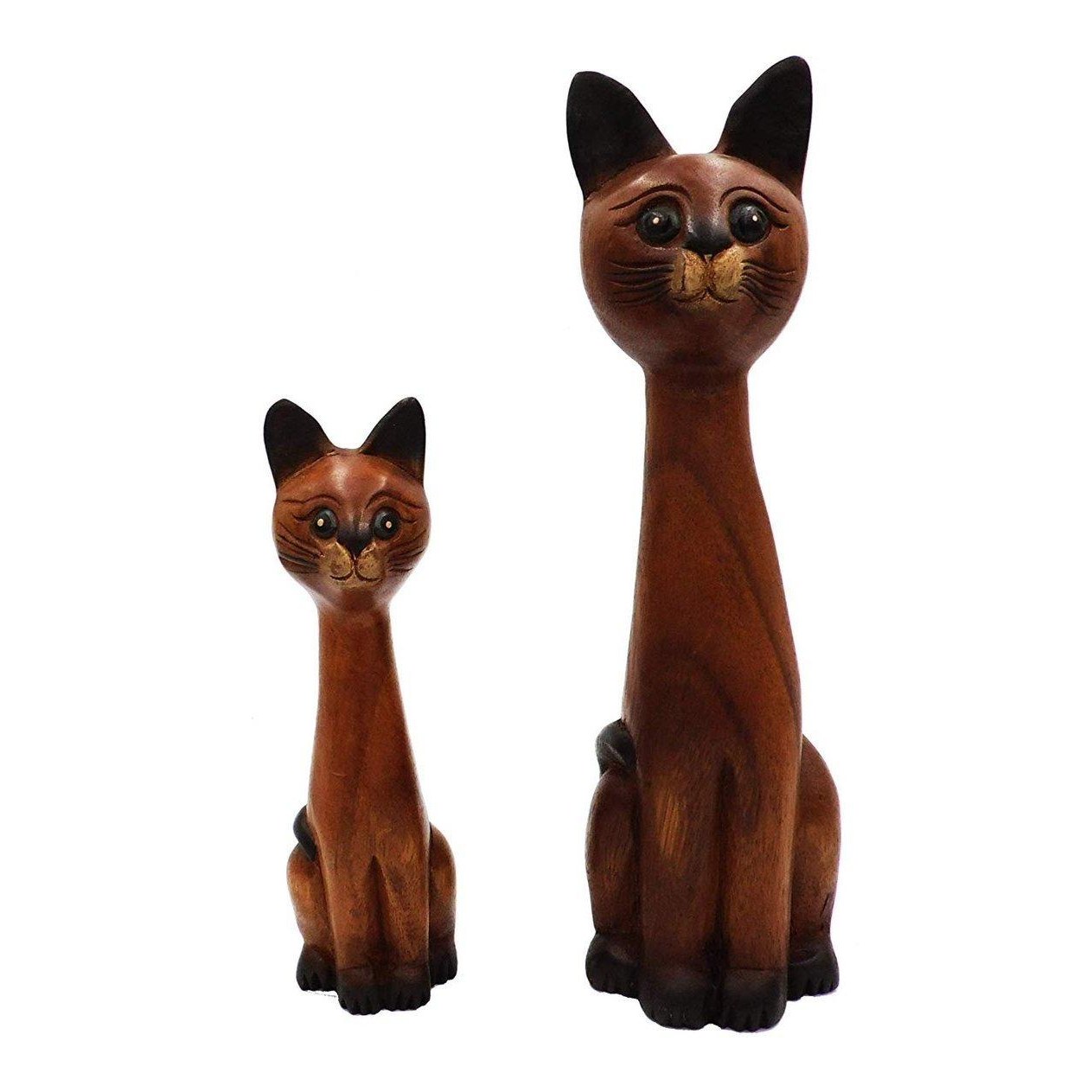 Pair of Wooden Cat Statues Hand Carved Fair Trade Home Sculpture.-0
