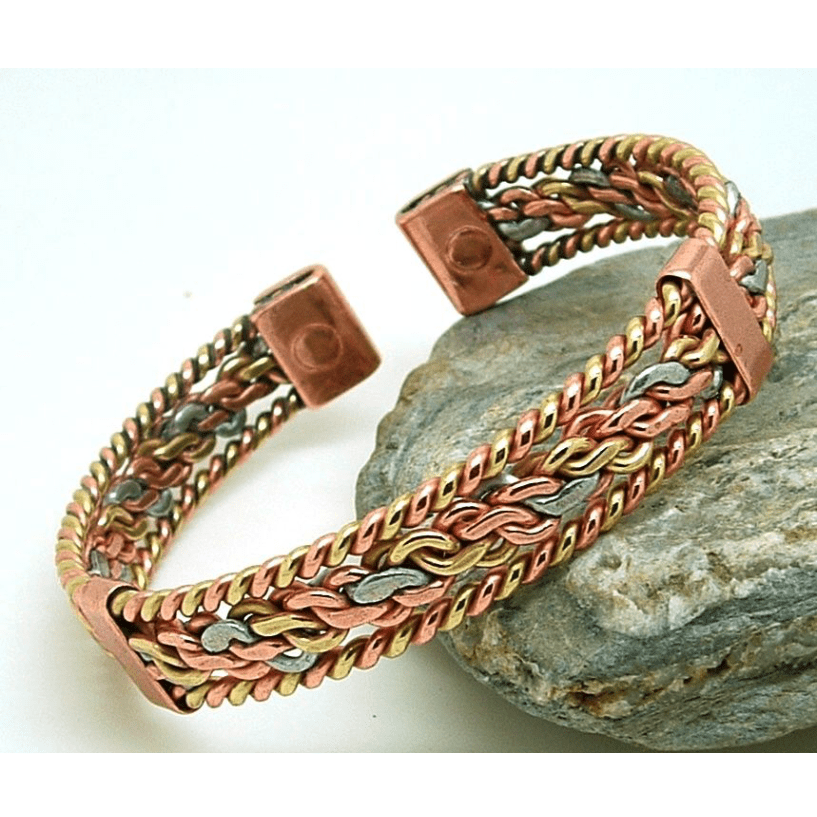 Magnetic 3 Colour Entwined with Side Bars Solid Copper Bracelet-0