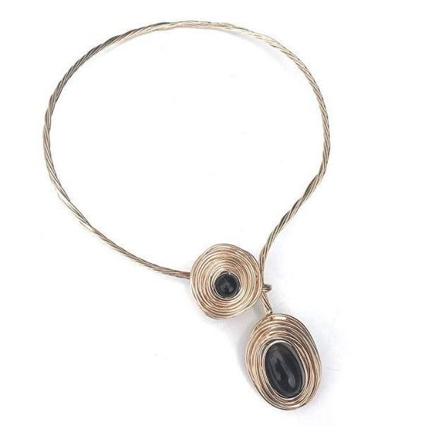 Large Abstract, Wrap around, Handmade twisted wire torque in a gold-tone with natural stones.-0