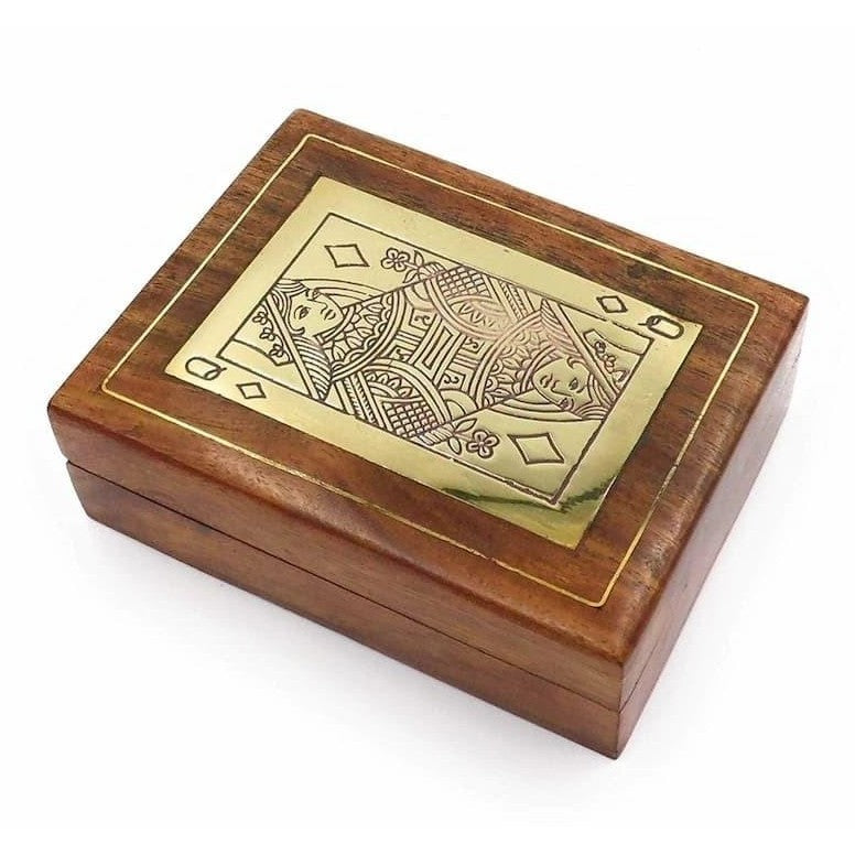 Playing Cards in a Handmade Wooden Decorative Box with Brass Queen of Diamonds.-0
