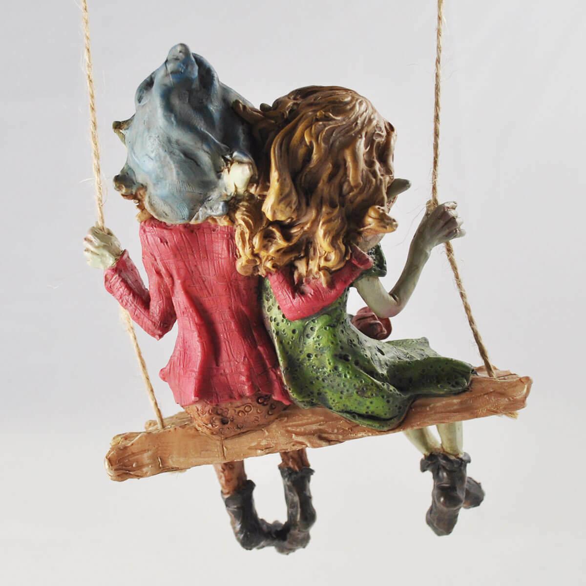 Pixie Couple Hanging Swing, Sculpture Magical Mystery High Quality Garden Decor Figurines Elf and Fairy Children,-1