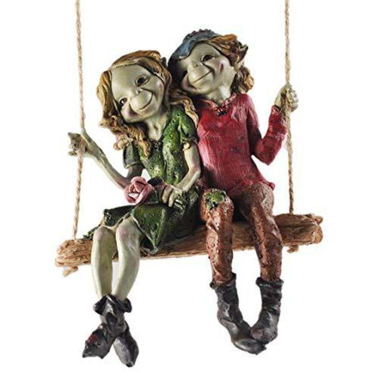 Pixie Couple Hanging Swing, Sculpture Magical Mystery High Quality Garden Decor Figurines Elf and Fairy Children,-2