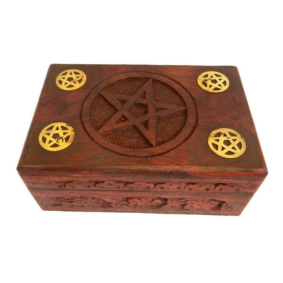 Five Pentagram Wooden Box with Engraved Pentagram Within a Circle and Four Brass Pentagrams for Tarot Cards , Jewelry, Spell Box etc.-0