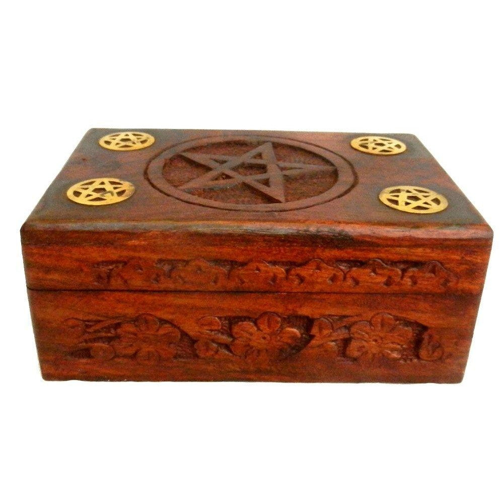 Five Pentagram Wooden Box with Engraved Pentagram Within a Circle and Four Brass Pentagrams for Tarot Cards , Jewelry, Spell Box etc.-1